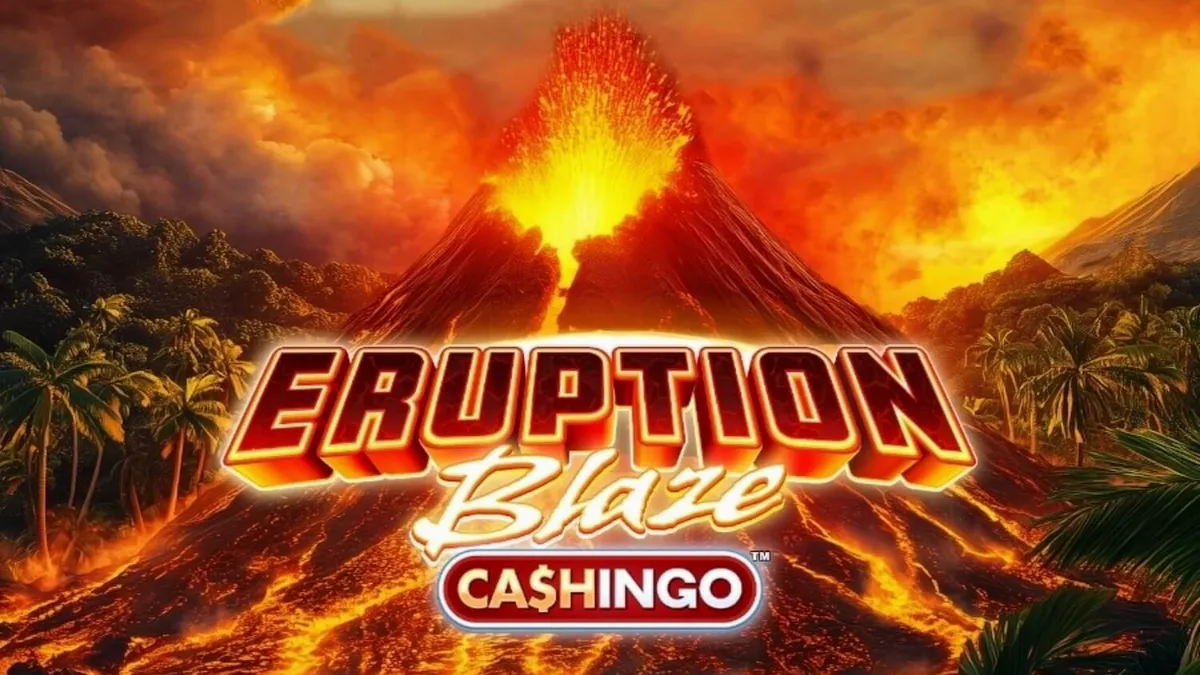 Tampilan visual slot Eruption Blaze Cashingo dengan latar belakang gunung berapi yang meletus dan elemen bingo.
