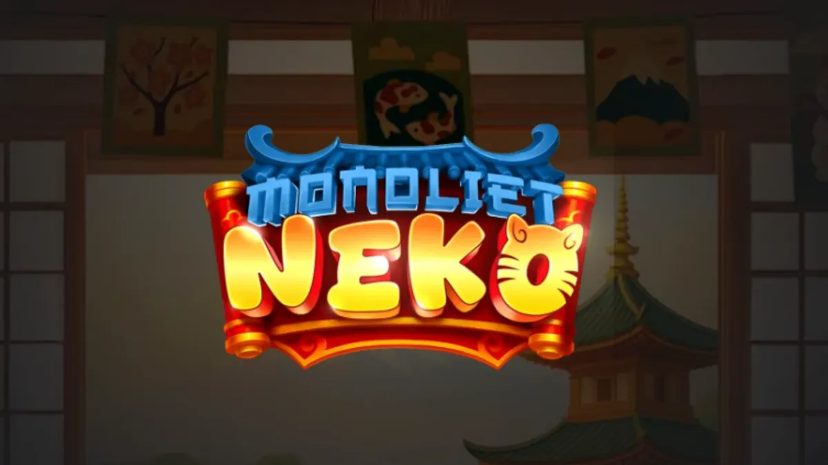 Tampilan visual slot Monoliet Neko dengan nuansa emas dan simbol keberuntungan Asia