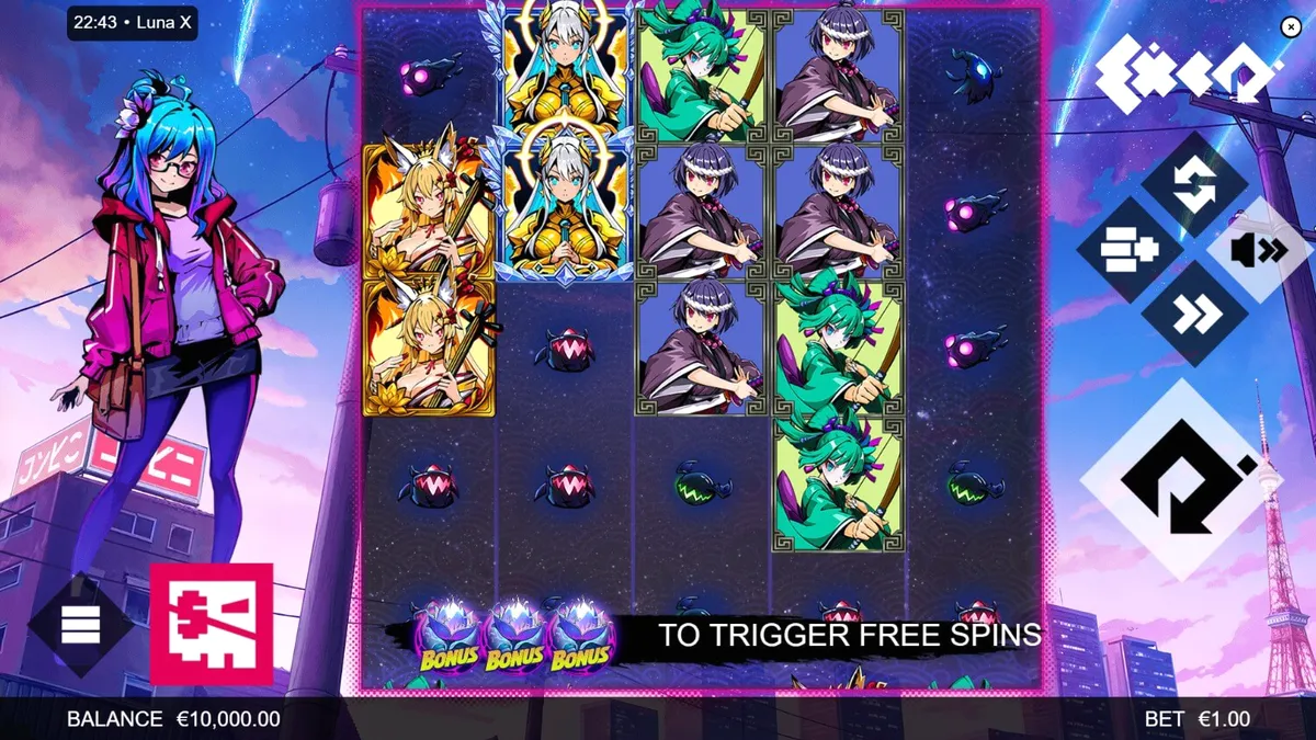 Tampilan visual futuristik dan karakter anime dalam slot Luna X