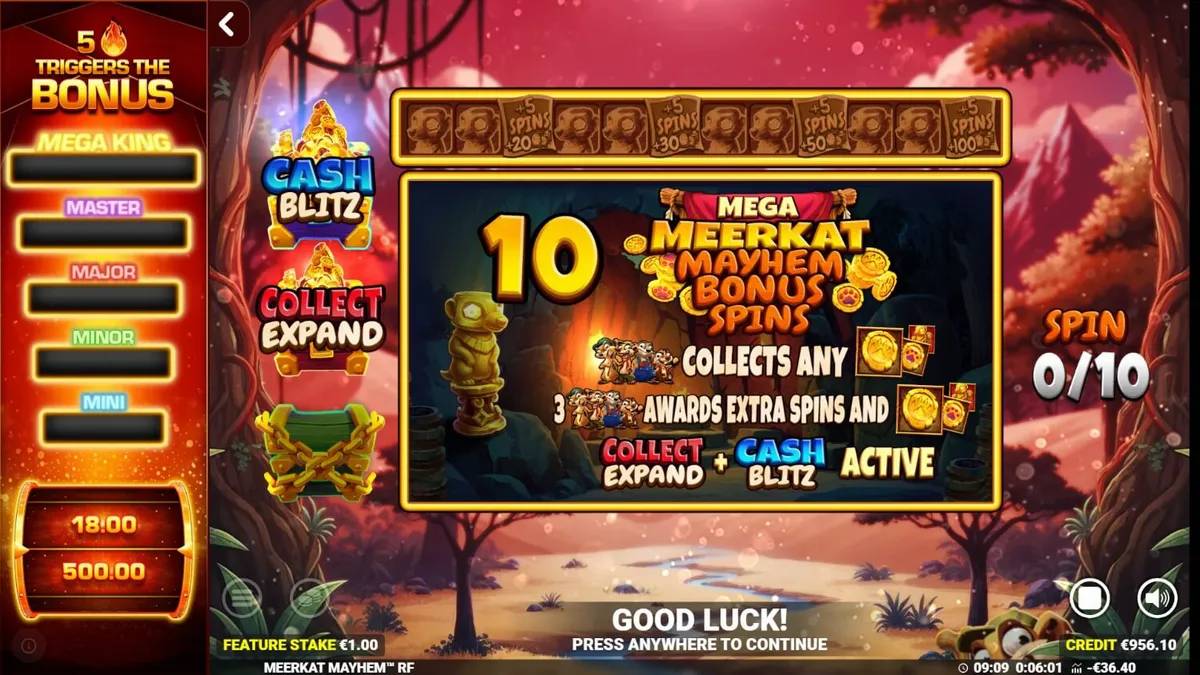 Tampilan antarmuka slot Meerkat Mayhem di perangkat seluler dengan latar belakang gurun